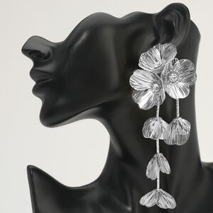 Silvertone Bold Cutout Floral Drop Statement Earrings